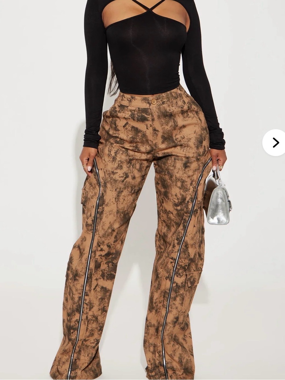 Fashion Nova Brown Tie-Dye Wide Leg Cargo Pants with Zipper Trim